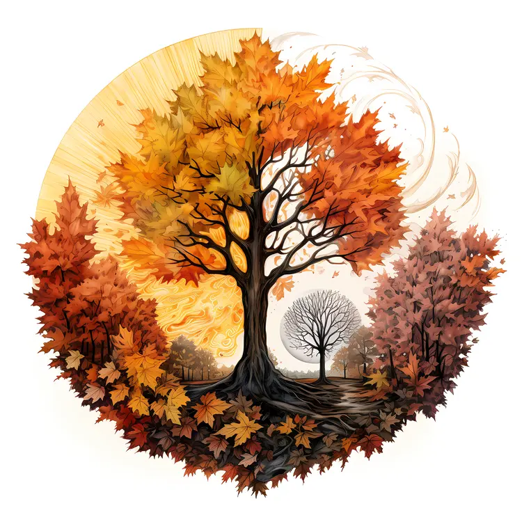 Red Tree in Autumn Forest