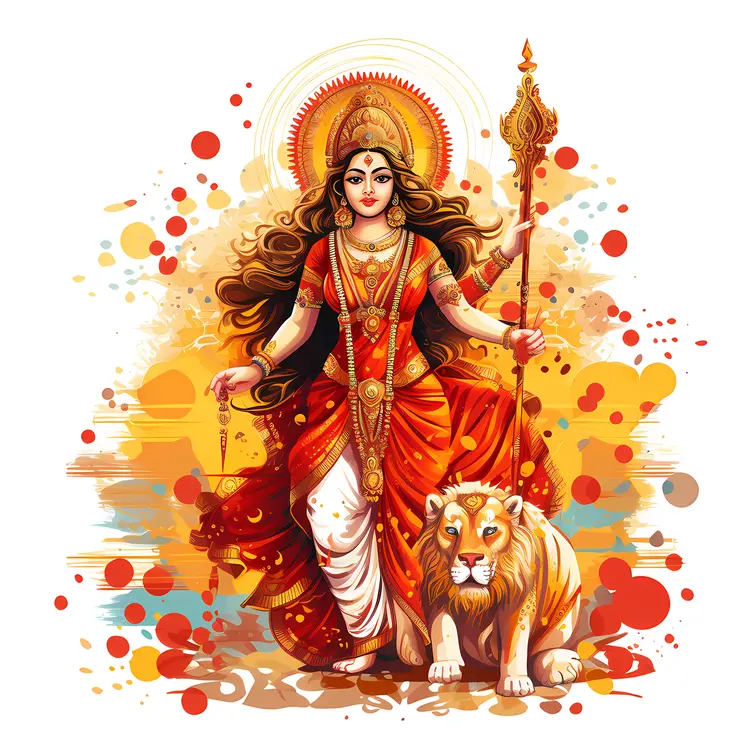 Goddess in Red with Lion and Staff