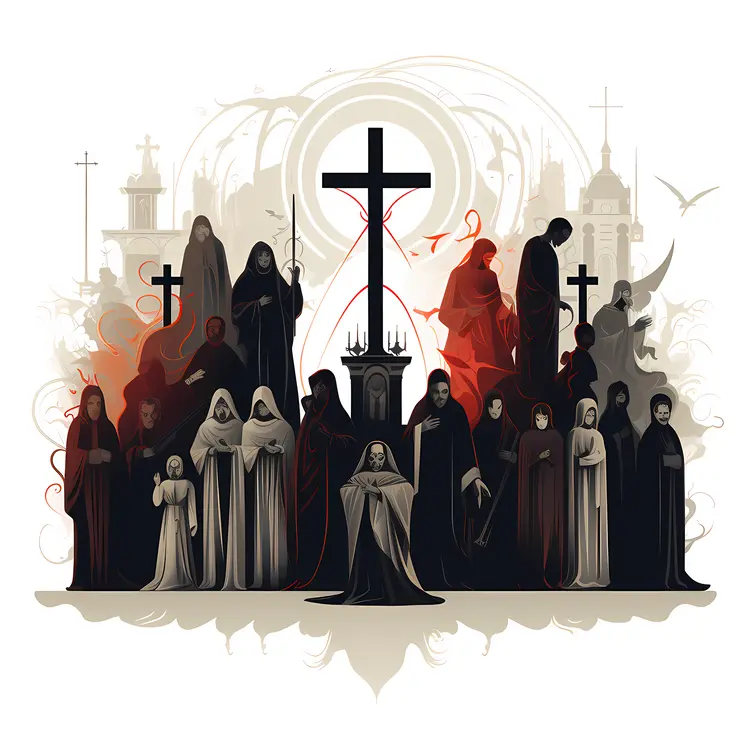 Monks and Nuns in Front of Church Silhouette