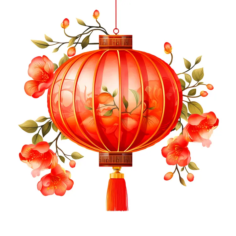 Red Lantern with Pink Flowers for Chinese New Year