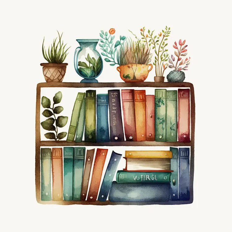 Watercolor Bookshelf with Plants and Books