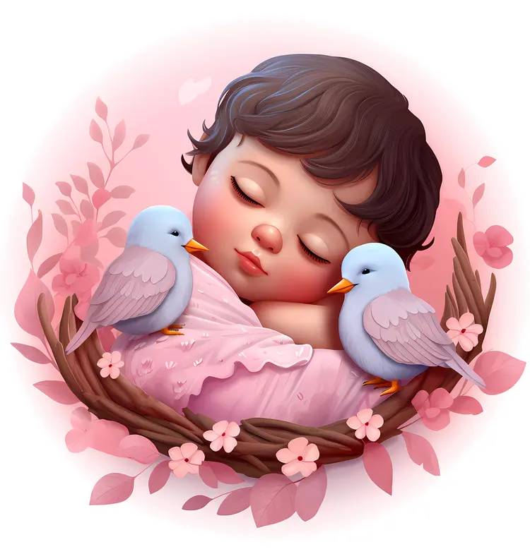 Sleeping Baby with Two Blue Birds