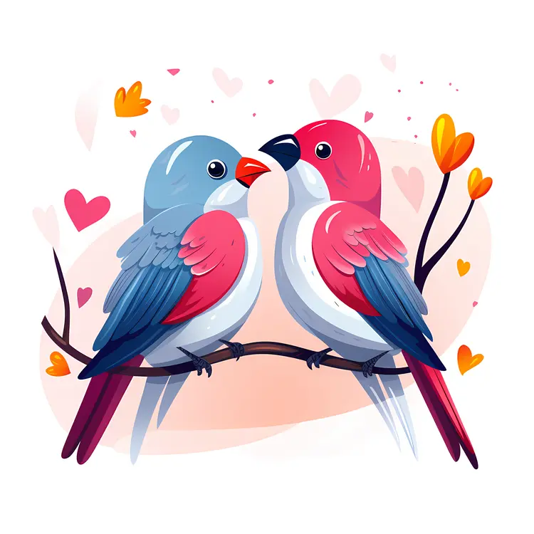 Colorful Birds on a Branch with Hearts
