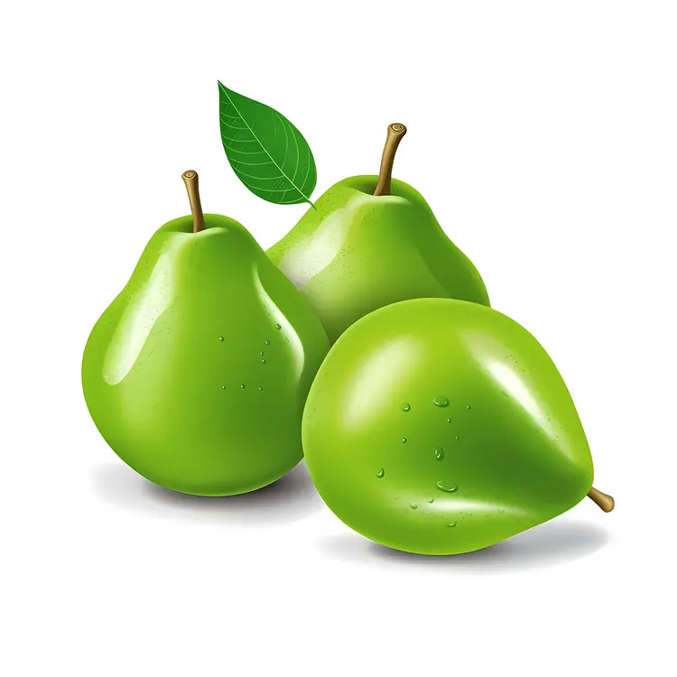 Three Green Pears with Leaf