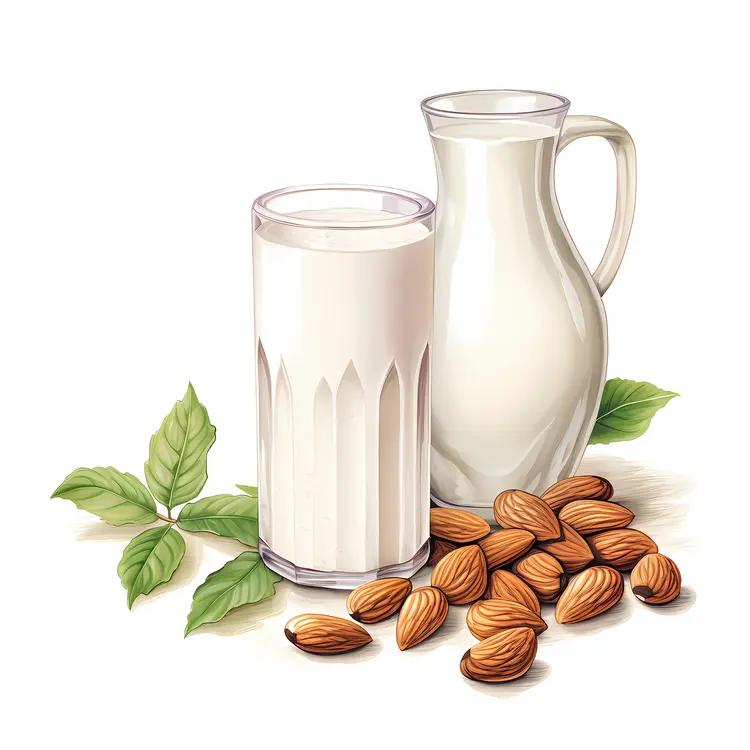 Glass and Jug of Almond Milk with Almonds