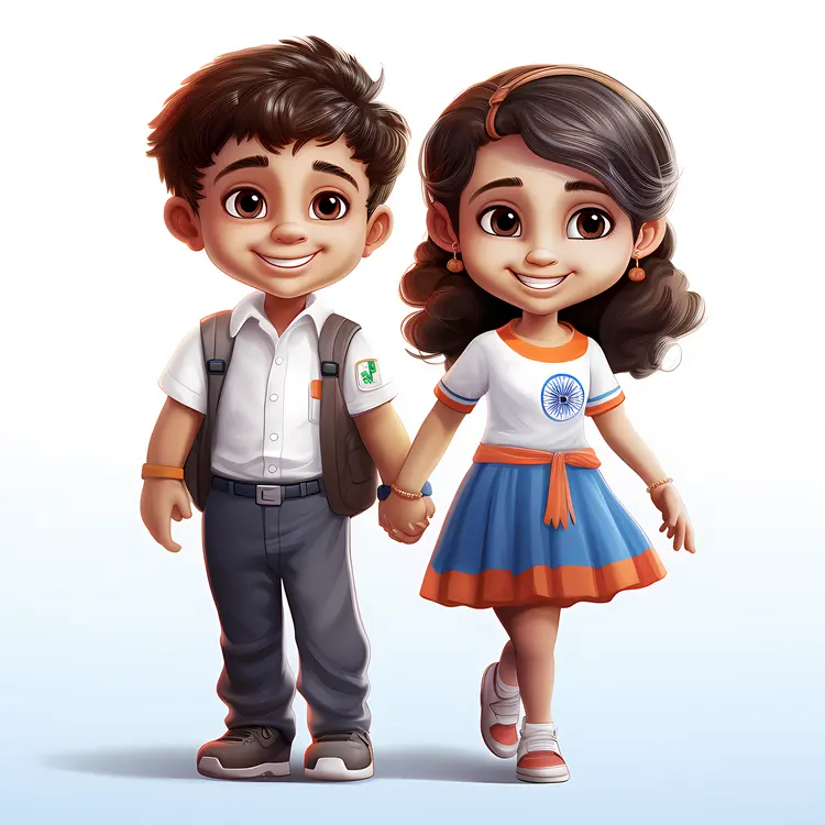 Boy and Girl Holding Hands with Indian Flag