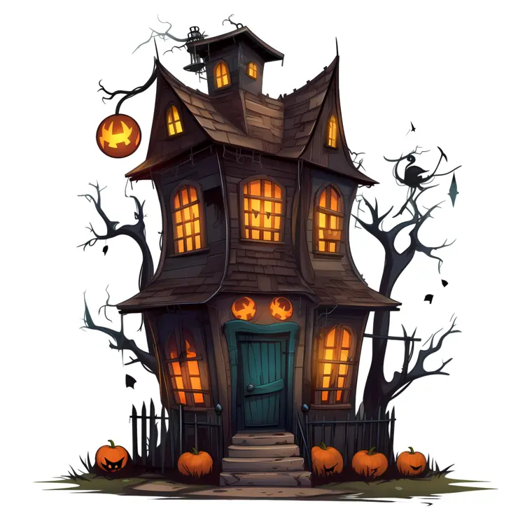 Spooky Haunted House with Pumpkins and Bats