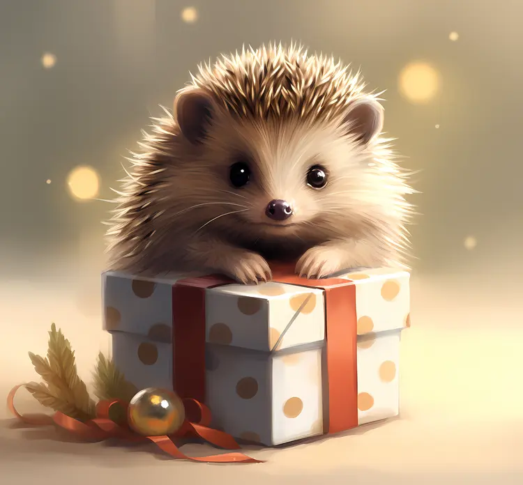 Cute Hedgehog with Gift and Polka Dots