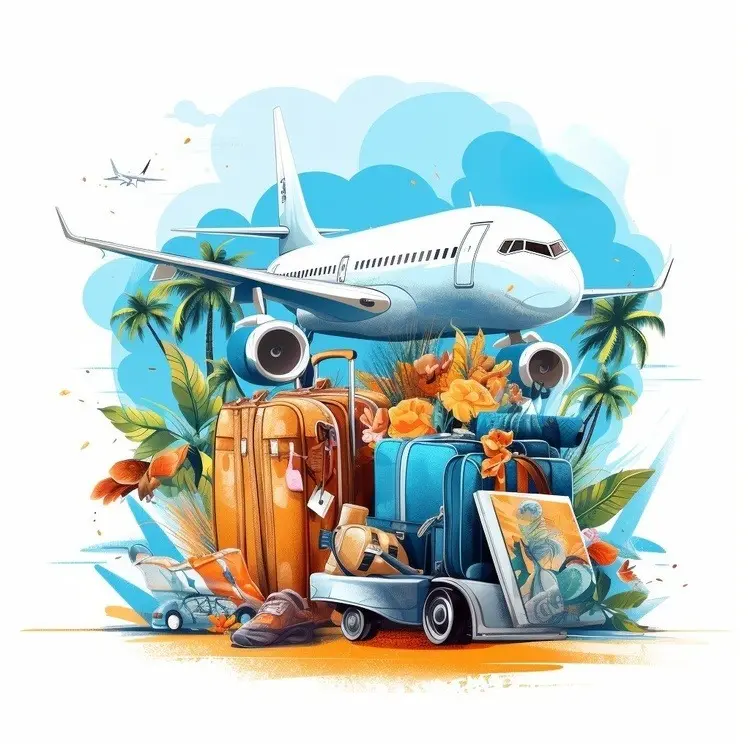 Airplane and Luggage with Tropical Background