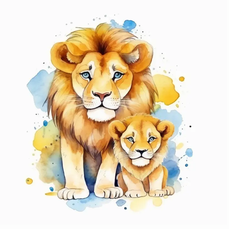 Watercolor Lion and Cub Illustration