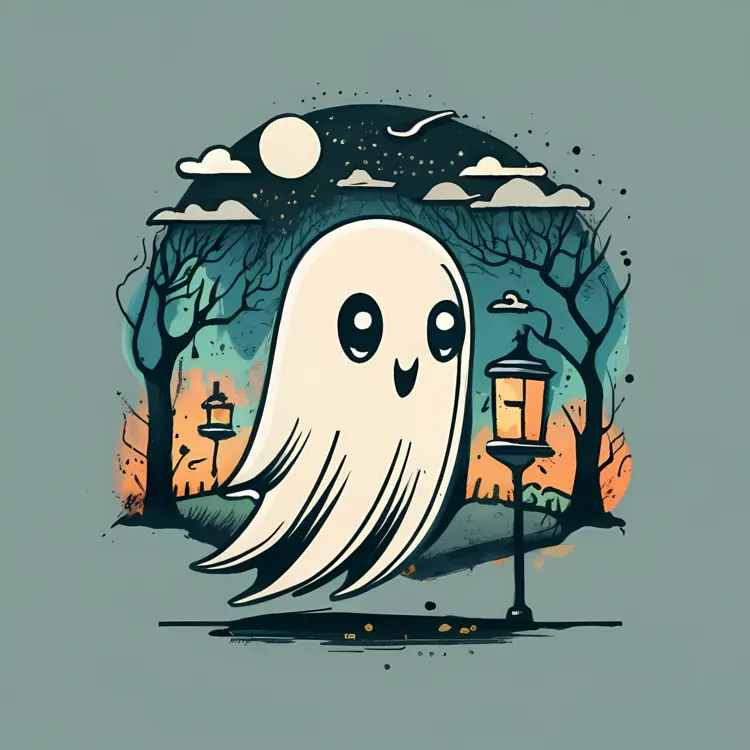 Cheerful Ghost with a Lamp on a Spooky Path