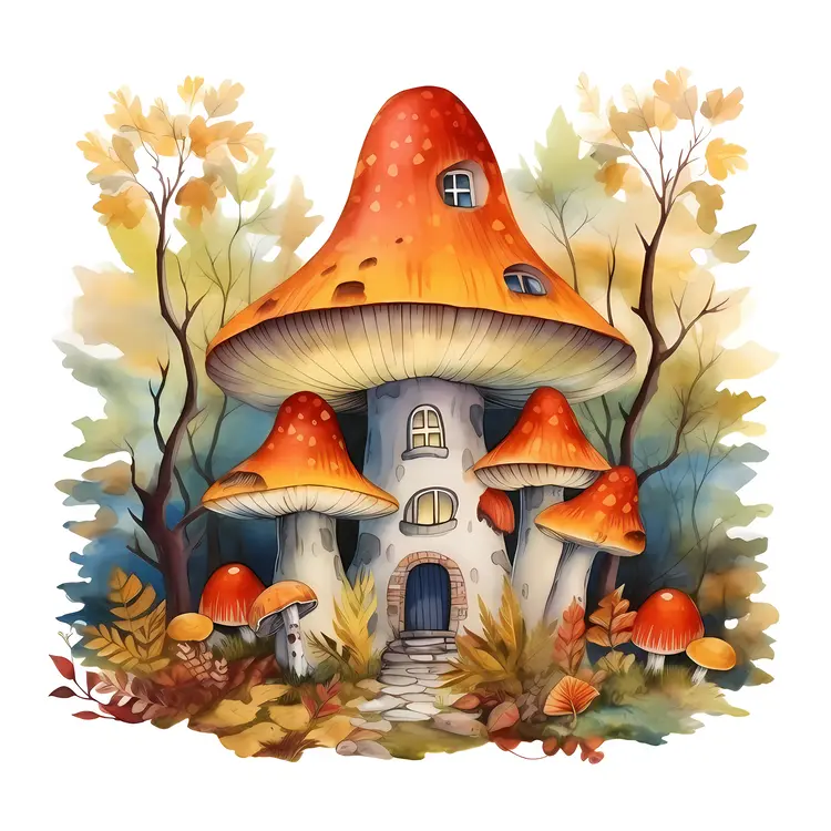 Large cute mushroom house with autumn leaves