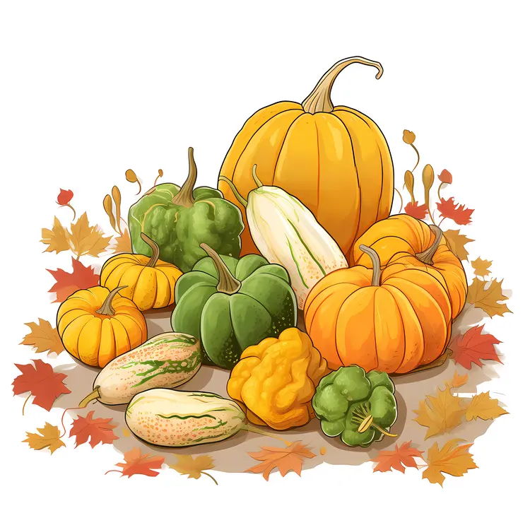 Assorted Pumpkins and Gourds with Autumn Leaves