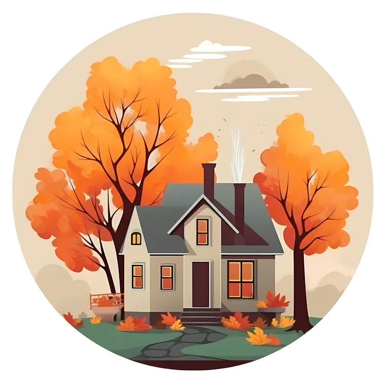 Small cute doodle house with autumn trees