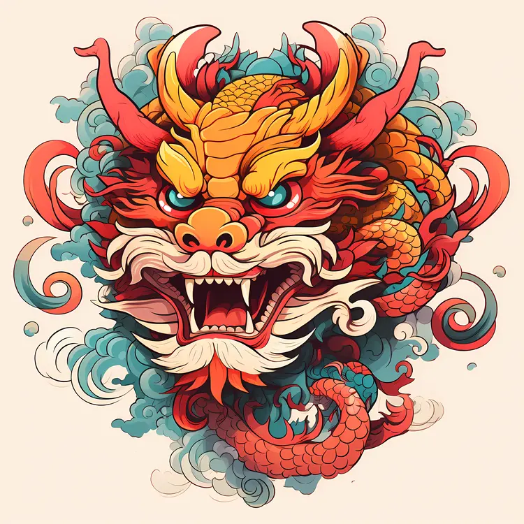 Fierce Dragon Head with Flames