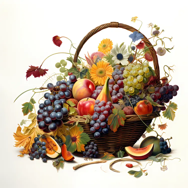 Autumn Harvest Fruit Basket with Grapes and Sunflowers