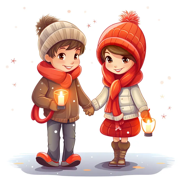 Children Holding Candles in Winter Clothes