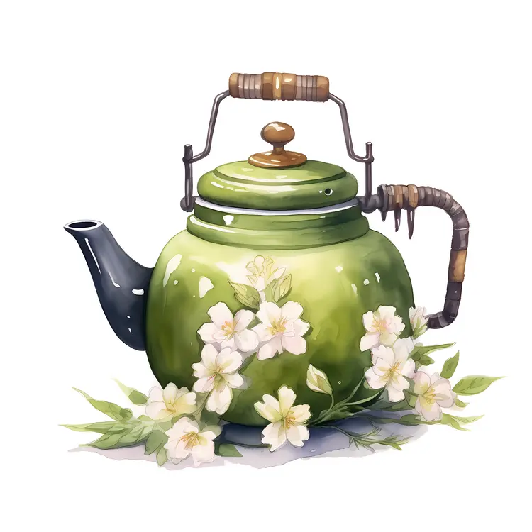 Green Teapot with Flowers Illustration