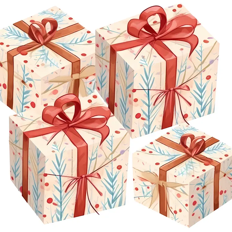 Beautifully Wrapped Gift Boxes with Red Ribbons