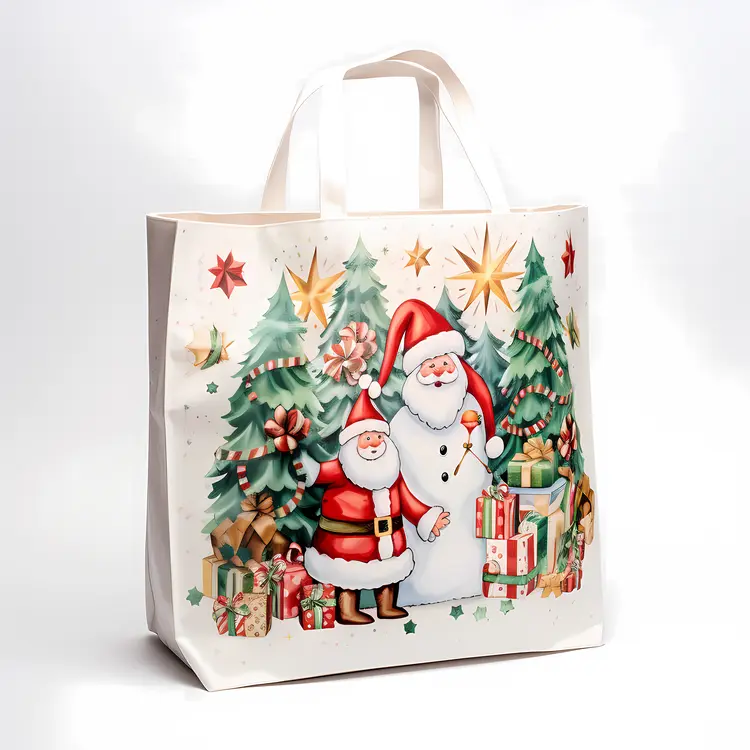 Santa Claus with Gifts and Christmas Tree on Holiday Bag