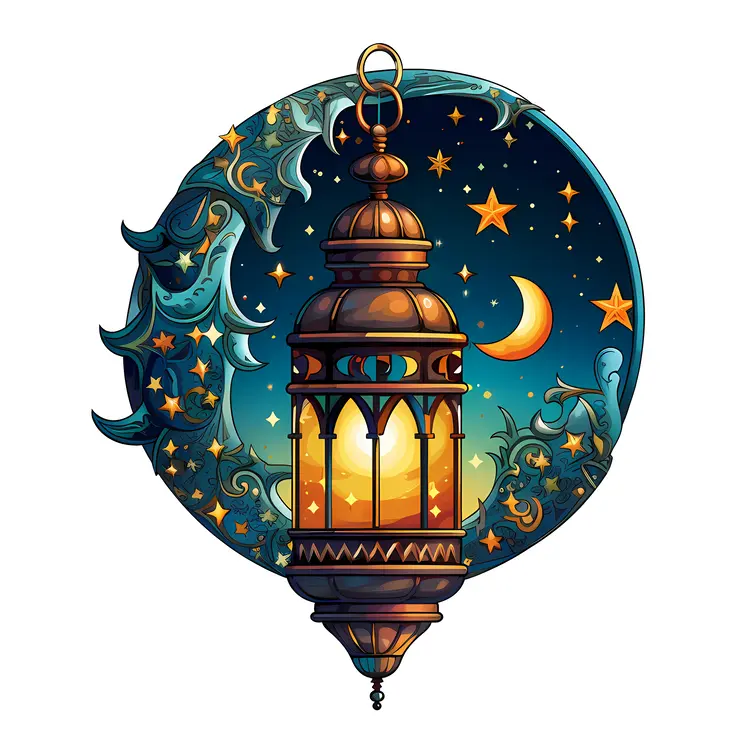 Ornate Lantern and Moon with Stars