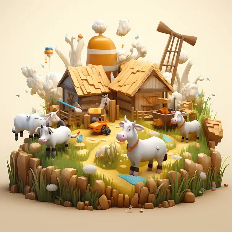 Cute Farm with Cows and Barn