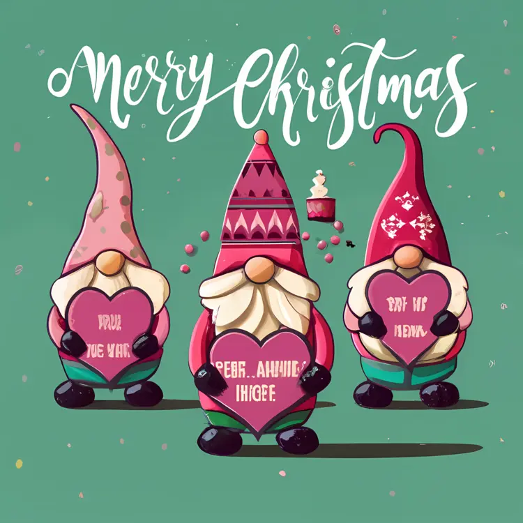 Merry Christmas Greeting with Gnomes Holding Hearts