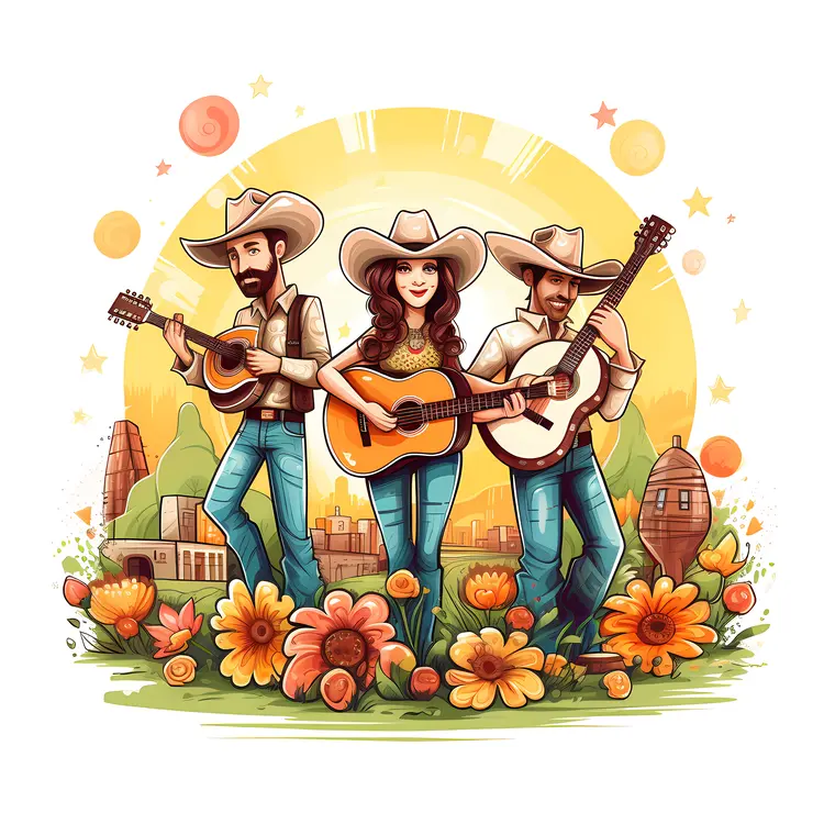 Cowboy Musicians in Flower Field