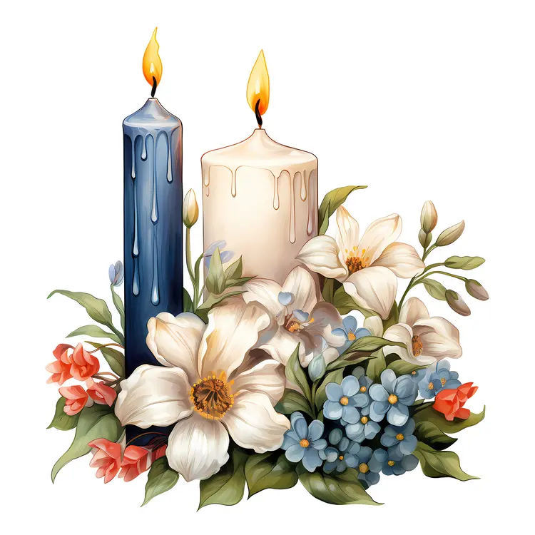 Blue and White Candles with Floral Arrangement