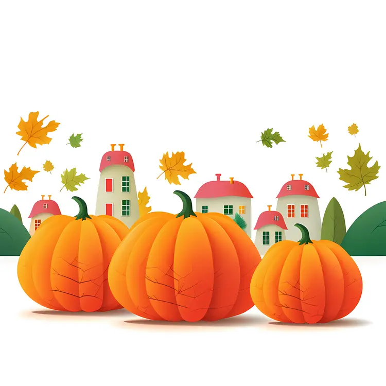 Three Pumpkins with Falling Leaves