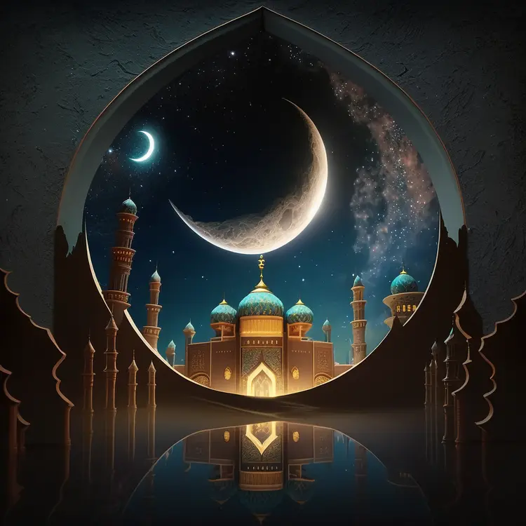 Beautiful Mosque with Crescent Moon at Night