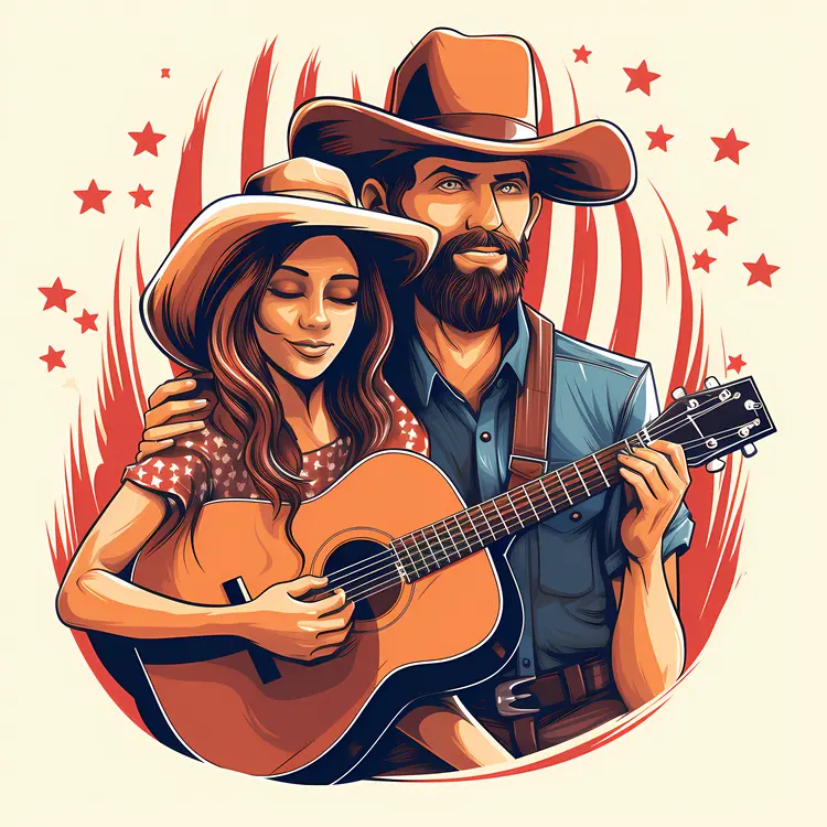 Couple Playing Guitar with Stars in the Background