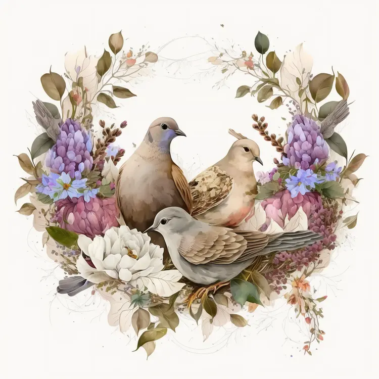 Beautiful Birds in Floral Wreath