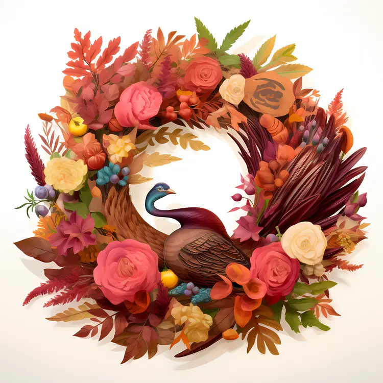 Autumn Wreath with Peacock and Flowers