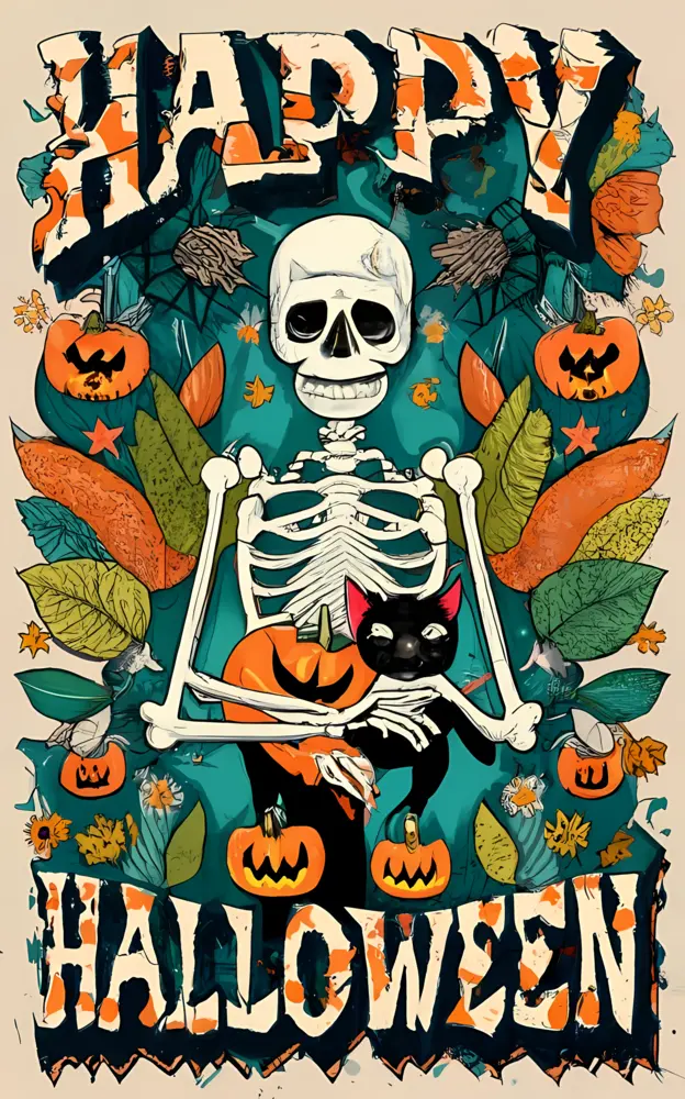 Skeleton with Pumpkins and Cat
