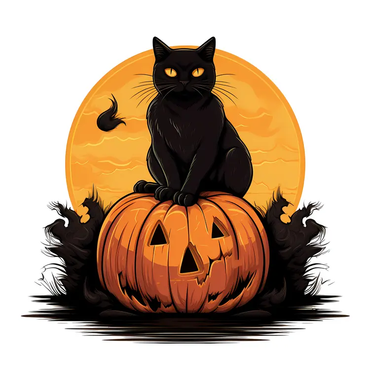 Black Cat on Pumpkin with Full Moon for Halloween