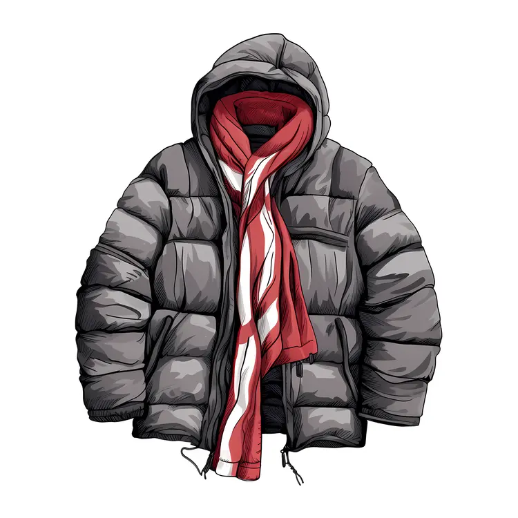Gray Puffer Jacket with Red Scarf