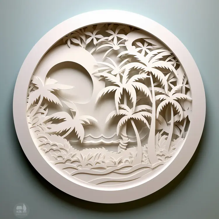 Tropical Beach Paper Art in White Circular Frame