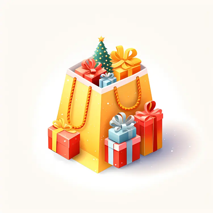 Yellow Gift Bag with Presents and Christmas Tree
