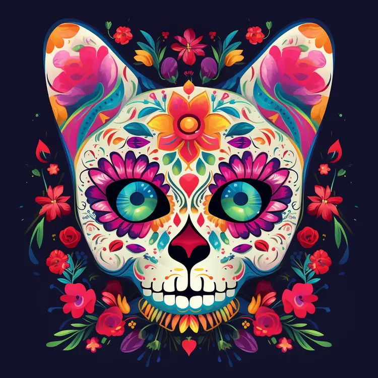 Colorful Sugar Skull Cat for Day of the Dead Celebration