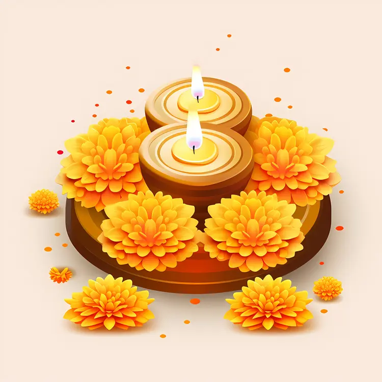Two Candles with Yellow Flowers for Diwali