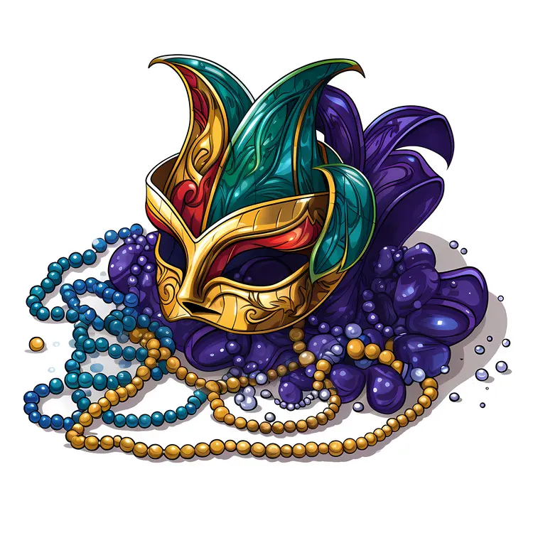 Green and Gold Mask with Beads for Mardi Gras