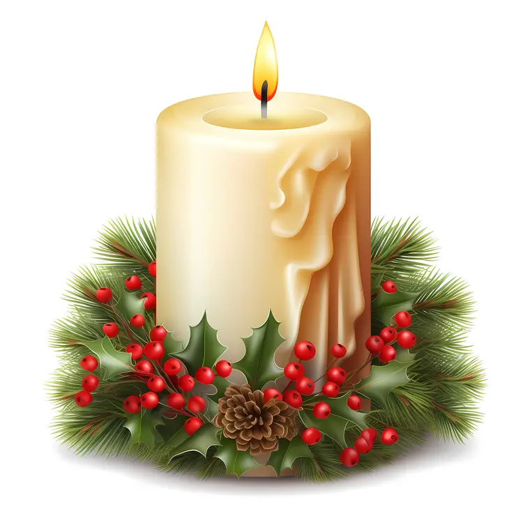 White Christmas Candle with Holly and Berries