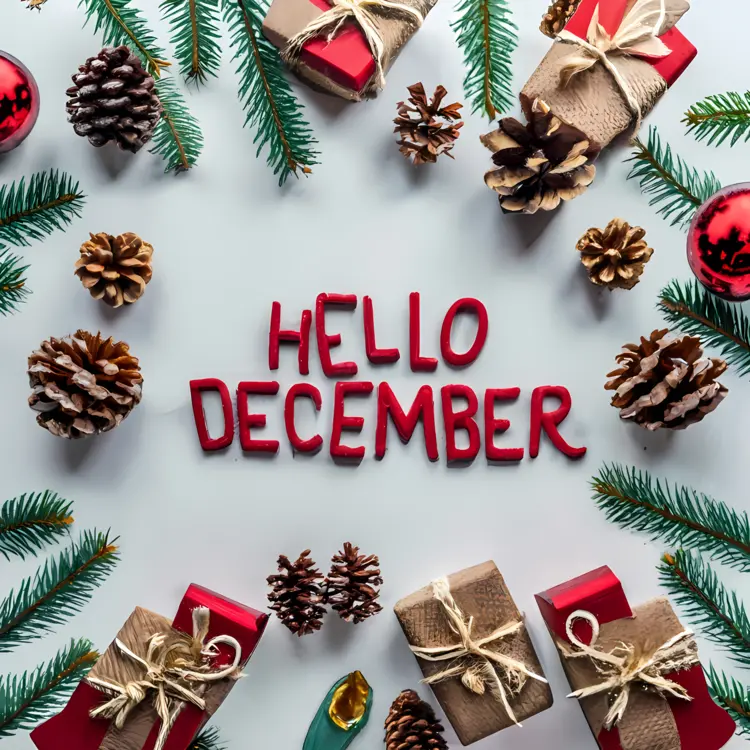 Pinecones and Gifts with Hello December Text