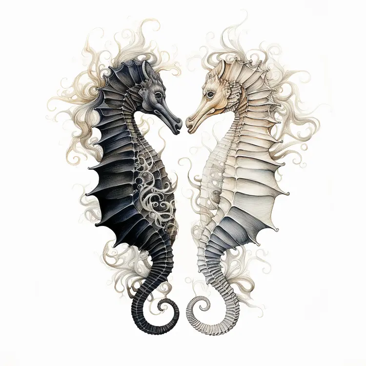 Artistic Black and White Seahorses Illustration