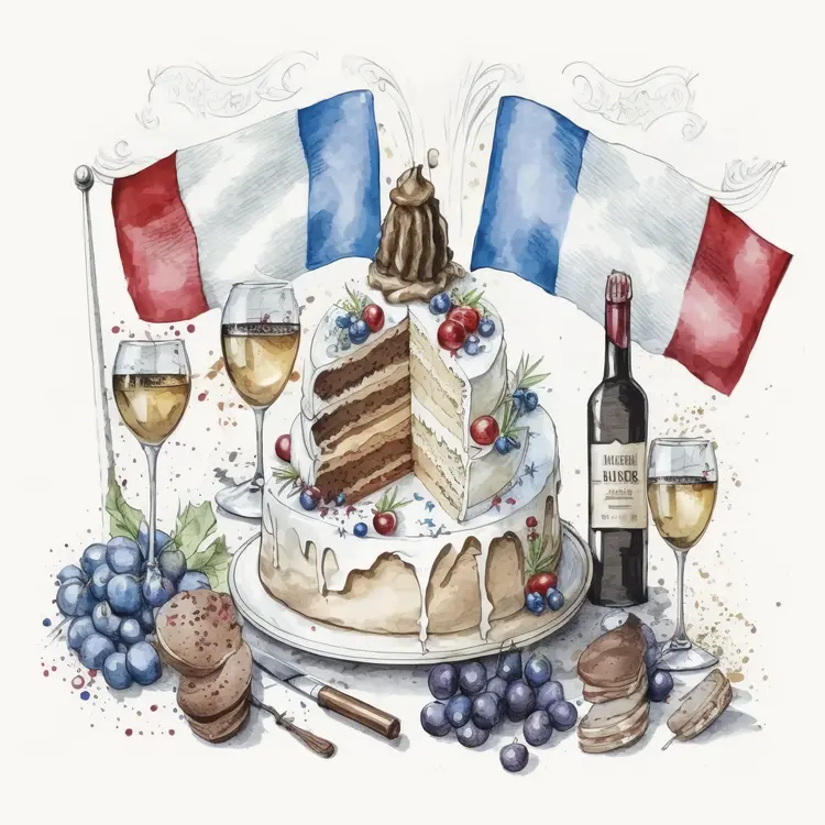 French Celebration Cake with Wine and Flags