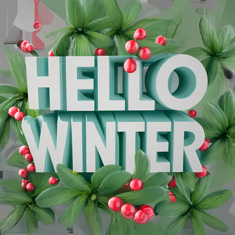 Hello Winter Text with Green Leaves and Berries