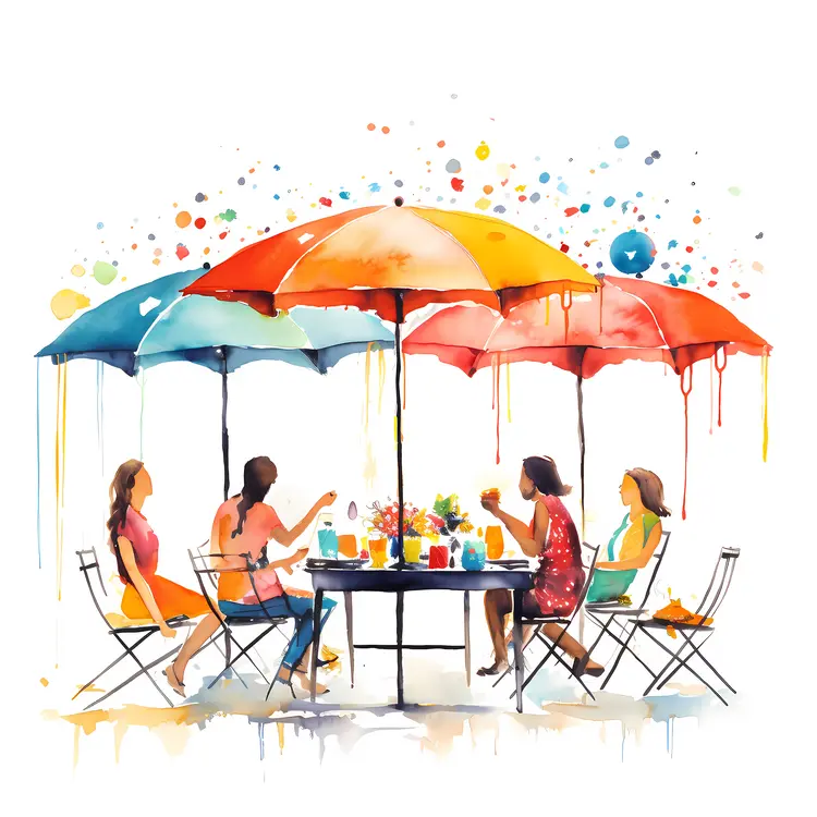 People Sitting Under Colorful Umbrellas