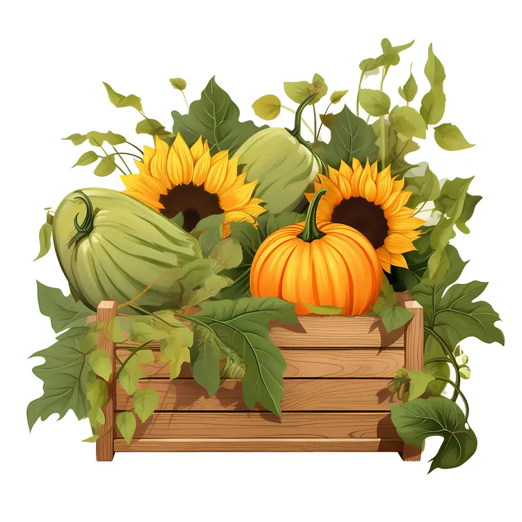 Orange Pumpkin with Sunflowers and Leaves