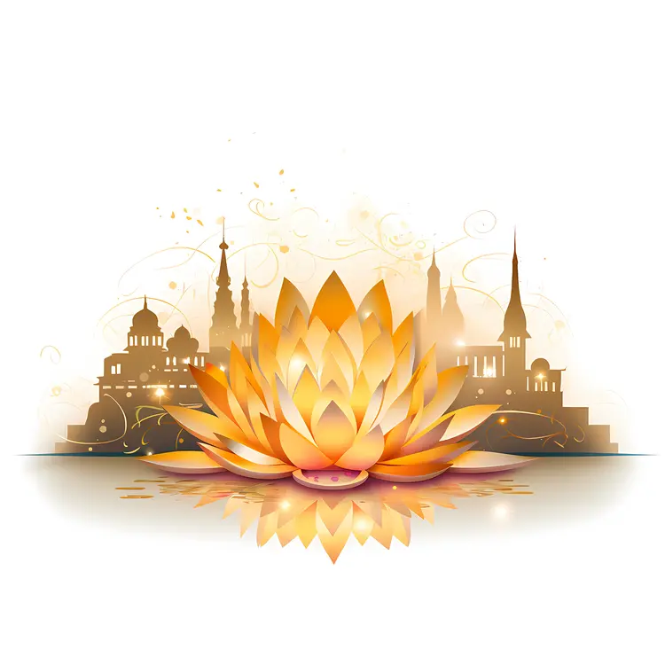 Golden Lotus Flower with Cityscape